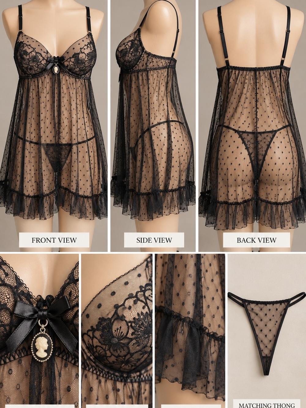 Semi-Sheer Black Polka Dot Lace Babydoll Chemise with Matching Thong